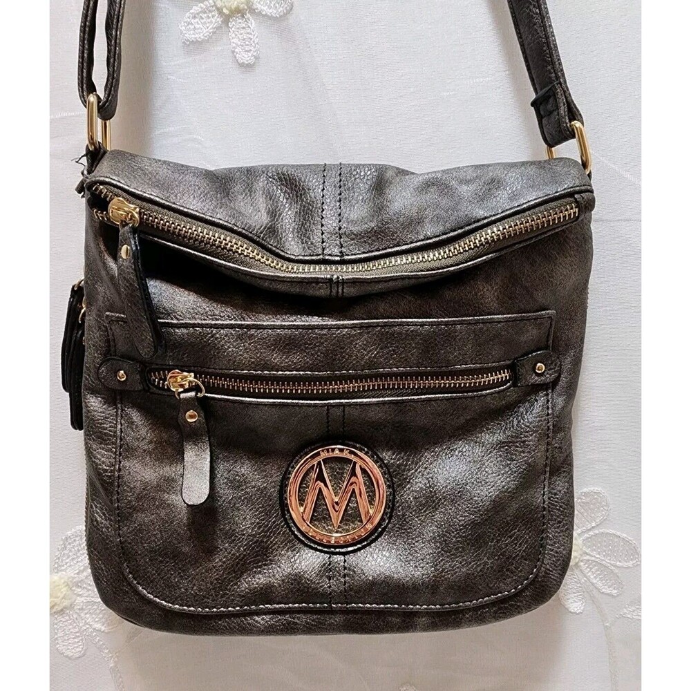 MKF MIA K COLLECTION WOMENS LUCIANA GRAY BAG LEATHER SHIMMER CROSSBODY VEGAN